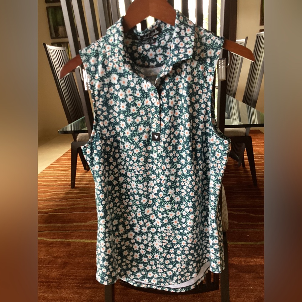 Bad Birdie Floral Sleeveless Polo size M - Green and White
